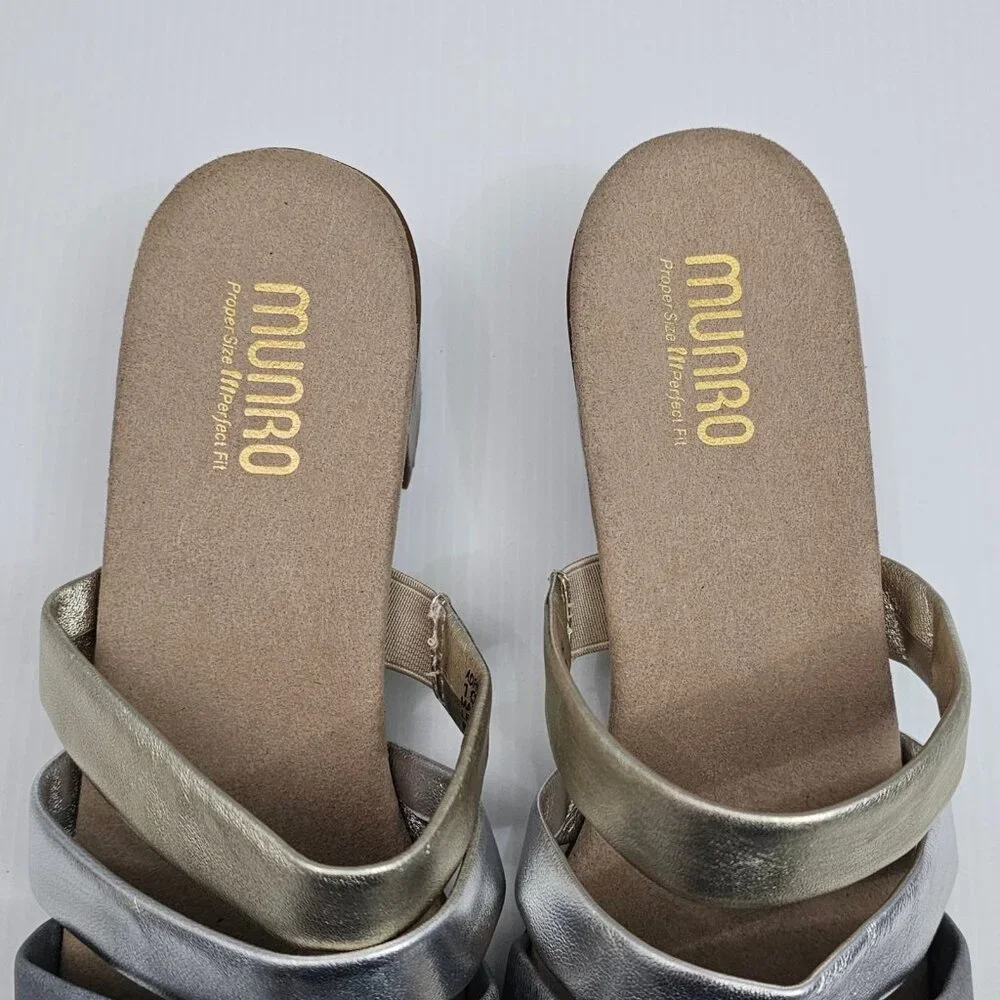 Munro Adrianne Metallic Strappy Sandal Womens 10 NARROW Taupe Leather Slide